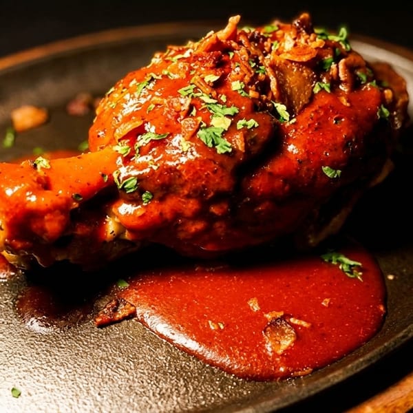 A chicken drumstick covered in red sauce and herbs on a dark skillet.