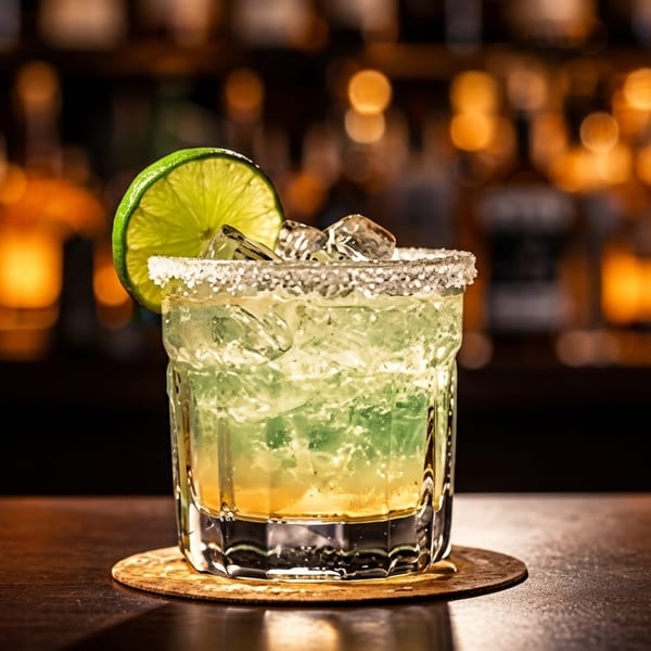 A vibrant green and yellow cocktail with ice, a lime slice, and a salted rim on a bar.