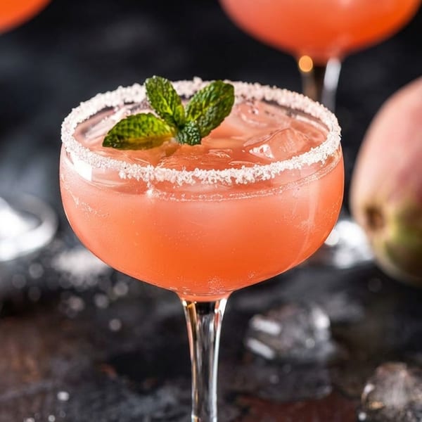 Pink guava cocktail with a salted rim and mint garnish, surrounded by fresh guavas and ice.
