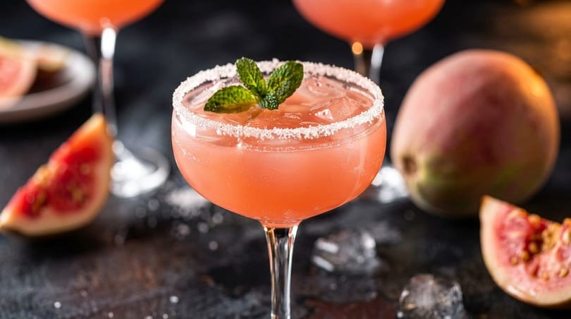 Pink guava cocktail with a salted rim and mint garnish, surrounded by fresh guavas and ice.