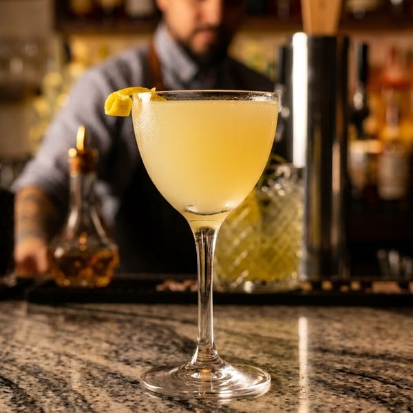 A pale yellow cocktail with a lemon twist on a marble bar, with a bartender in the background.
