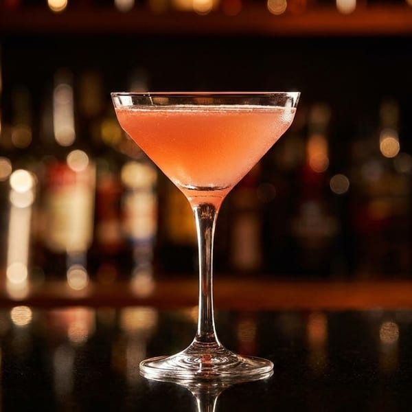 A pink cocktail in a martini glass sits on a dark bar with blurred bottles in the background.