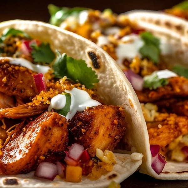 Close-up of three chicken tacos with cilantro, red onion, and white sauce on a dark background.