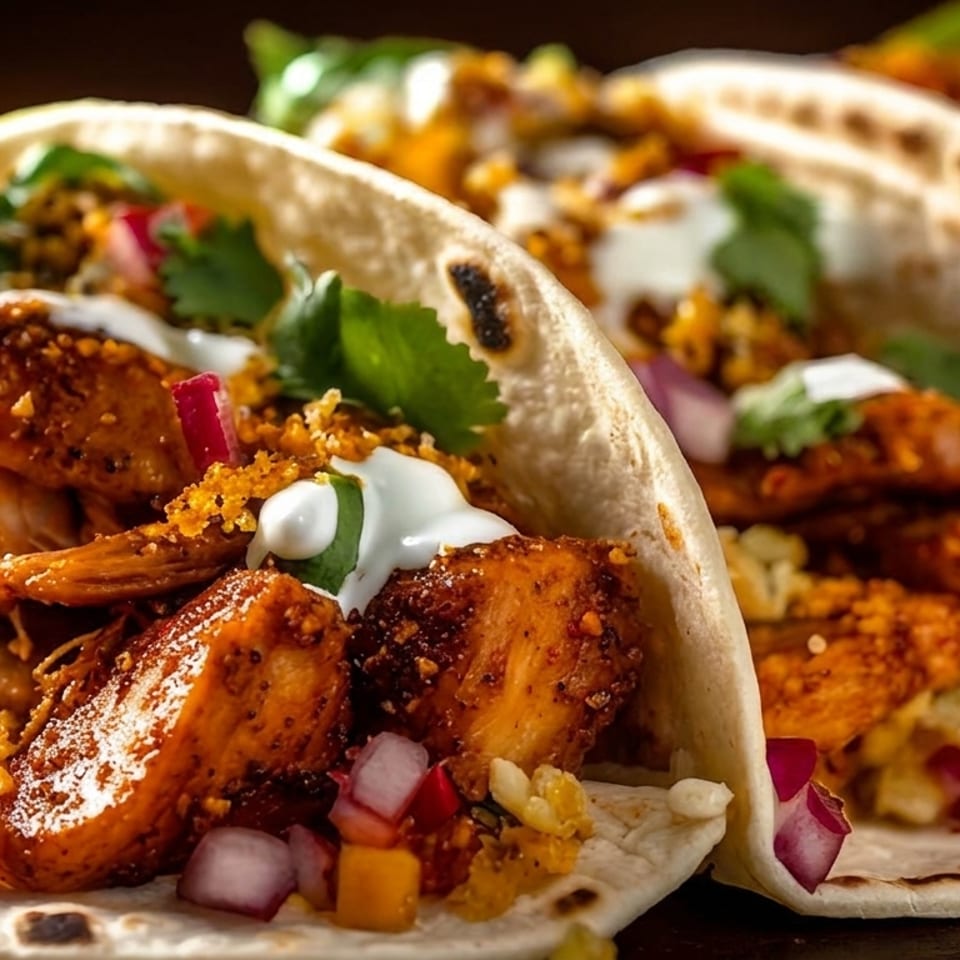 Close-up of three chicken tacos with cilantro, red onion, and white sauce on a dark background.