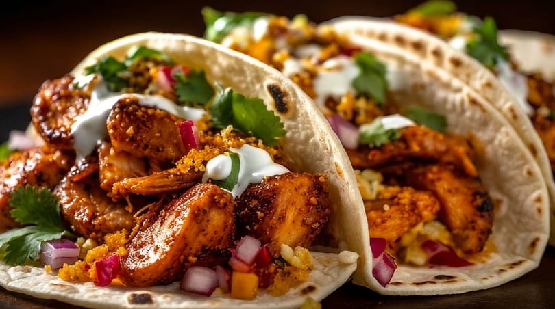 Close-up of three chicken tacos with cilantro, red onion, and white sauce on a dark background.
