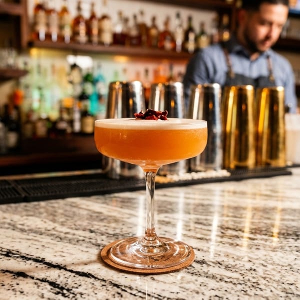 A bartender prepares a cocktail on a granite bar, with bottles and shakers in the background.
