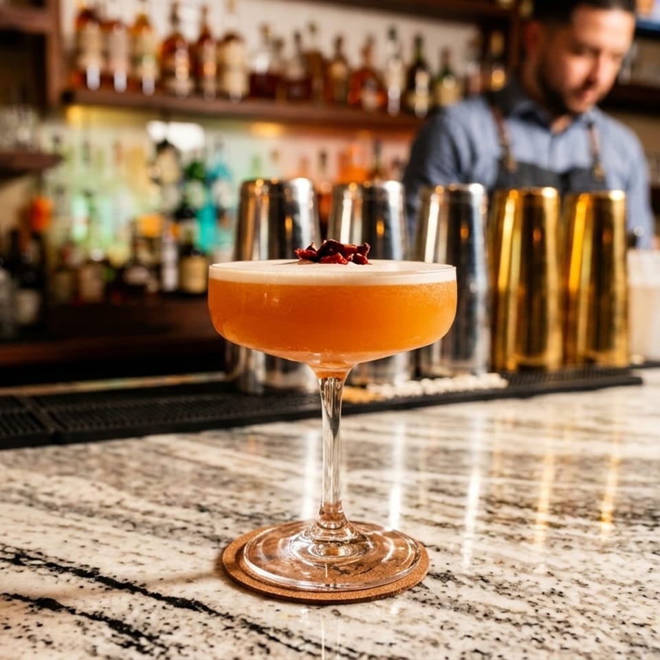 A bartender prepares a cocktail on a granite bar, with bottles and shakers in the background.
