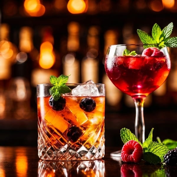 Two vibrant cocktails, one amber and one red, garnished with berries and mint on a bar.