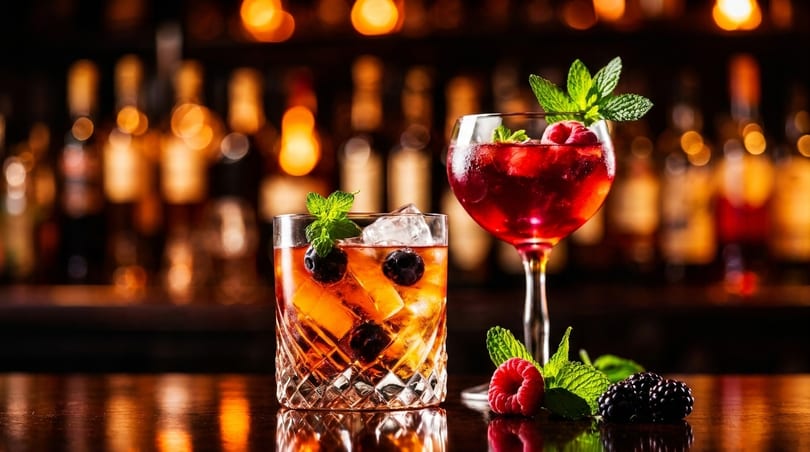 Two vibrant cocktails, one amber and one red, garnished with berries and mint on a bar.