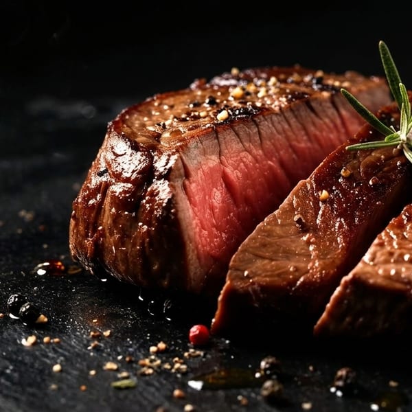 Perfectly cooked steak, sliced to reveal a juicy, medium-rare interior, garnished with rosemary and spices.