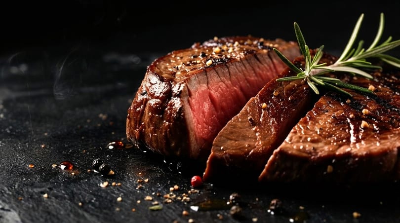 Perfectly cooked steak, sliced to reveal a juicy, medium-rare interior, garnished with rosemary and spices.